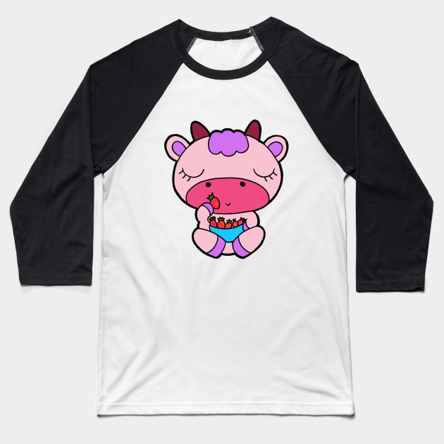 Sitting Cow - Strawberry Milkshake Cow Baseball T-Shirt by coloringiship